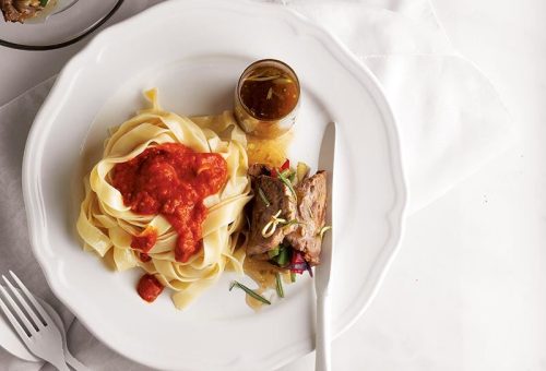 Sebzeli biftek buketi & Köz zerzevat soslu fettuccine